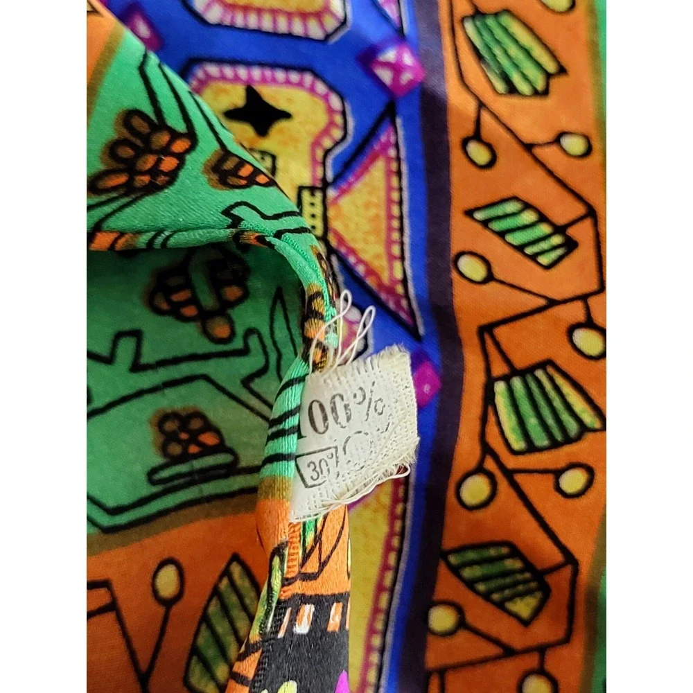 100% Silk‎ Double Layer w/ Long Fringe Vintage Scarf Artsy Collage Pattern Funky